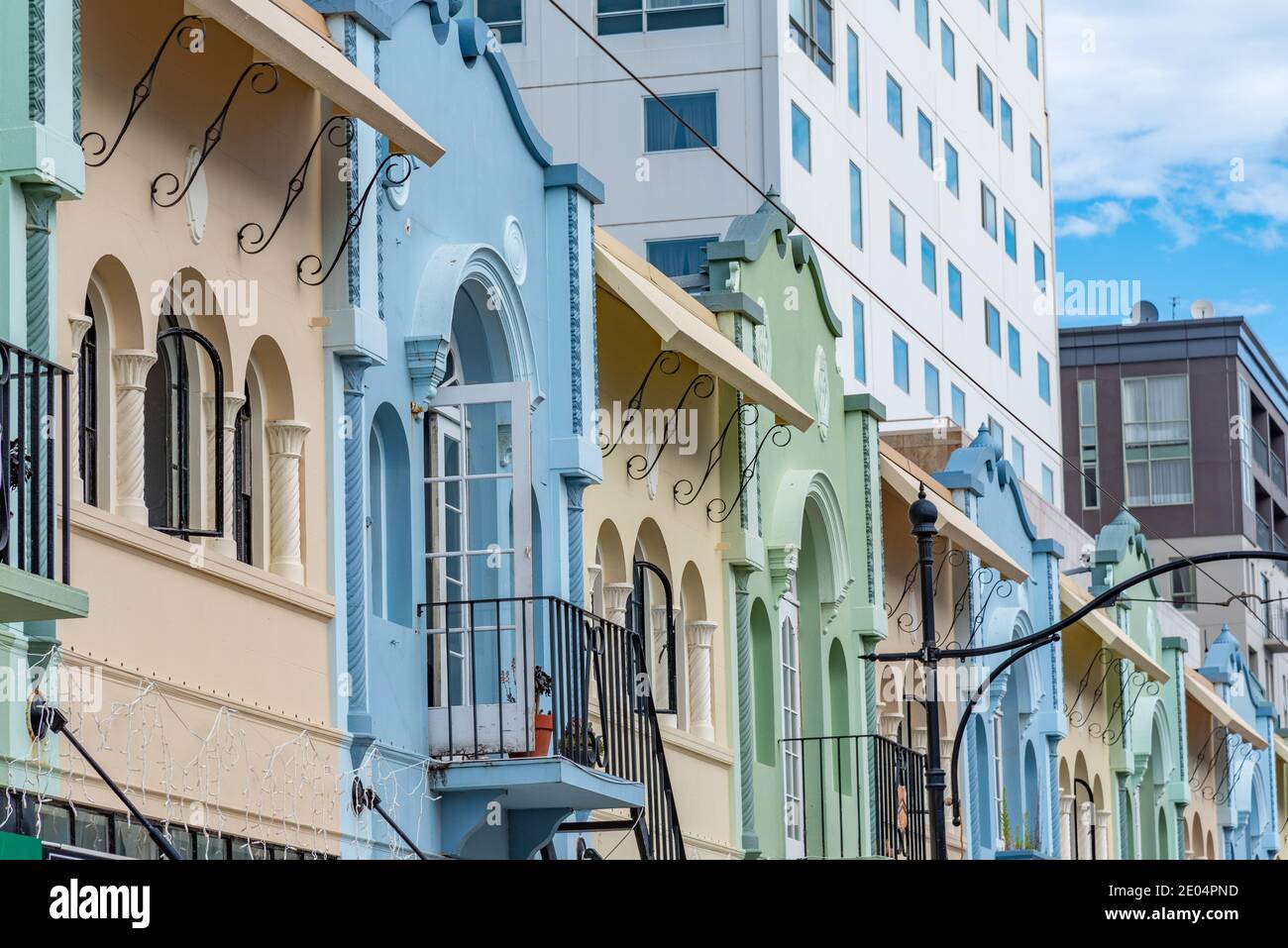 Colorful houses at New Regent street in Christchurch, New Zealand Stock Photo