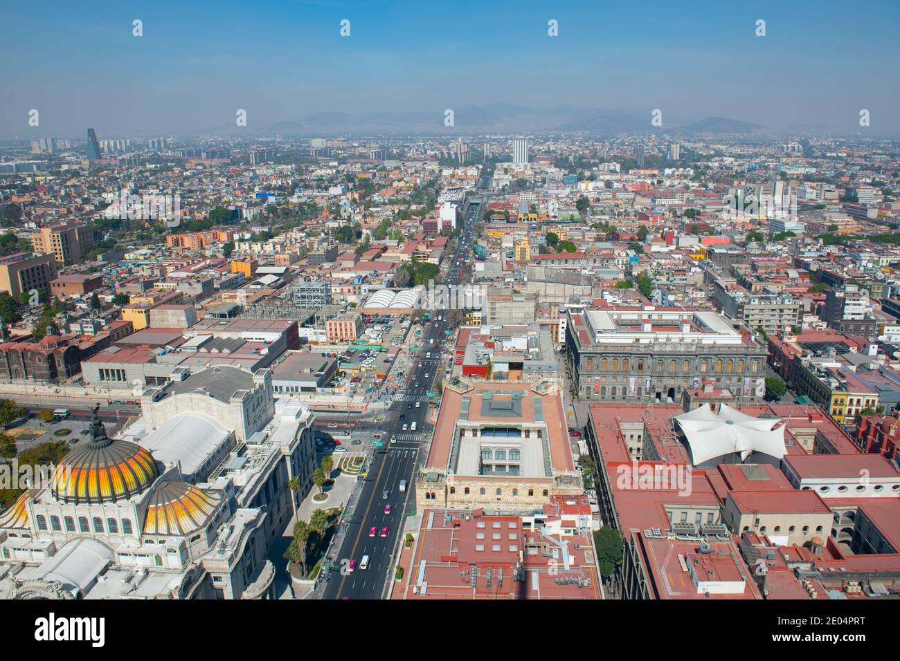 Historic center of Mexico City and Eje Central Lazaro Cardenas Avenue aerial view, from Torre Latinoamericana, Mexico City, Mexico. Historic center of Stock Photo