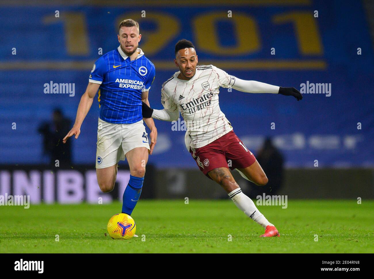 Brighton, UK. 29th Dec, 2020. Amex Stadium, Brighton, 29th Dec 2020 Arsenal's Pierre-Emerick Aubameyang and Lewis Dunk during their Premier League match against Brighton & Hove Albion Picture Credit : Credit: Mark Pain/Alamy Live News Stock Photo