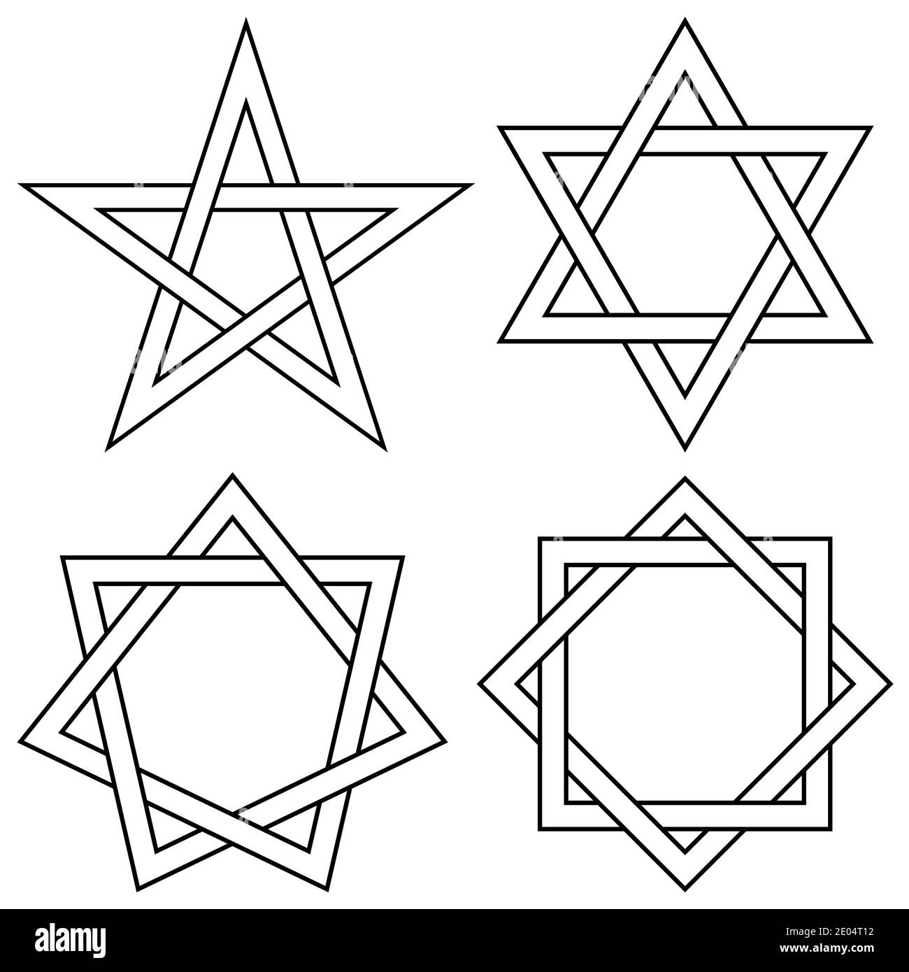 Set of stars with interlaced sides, vector knot stars for logo or tattoo Stock Vector