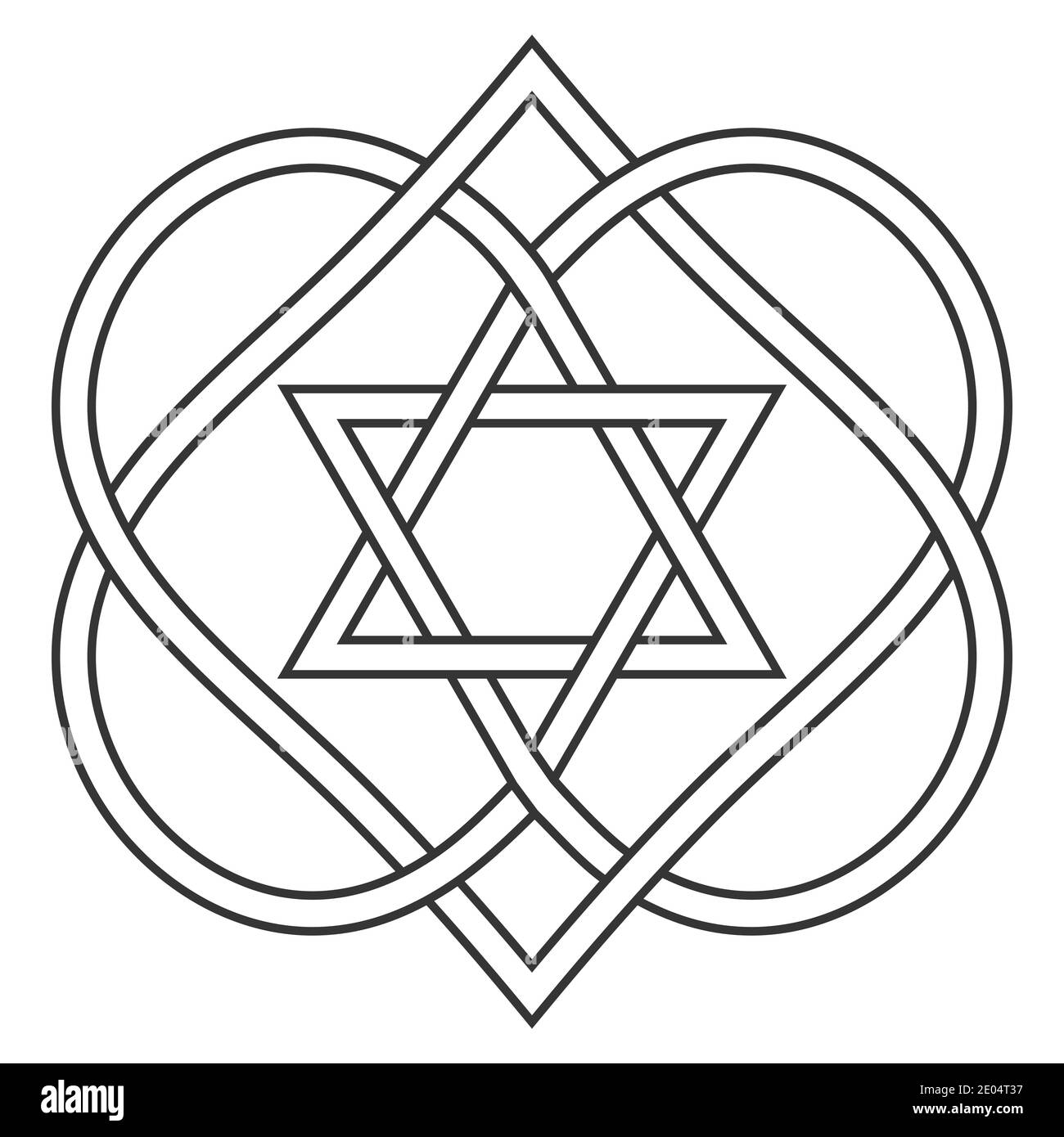 Celtic knot entwining hearts and stars of David, vector Jewish heart shape with star of David art two hearts are woven into carved love knot, symbol Stock Vector