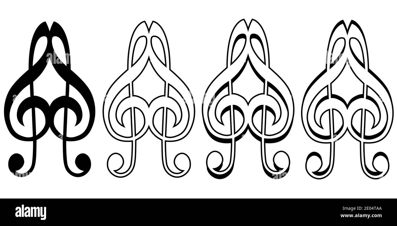 Logo musical love sign icon two treble keys form a heart, vector logo music lover heart from a treble key Stock Vector