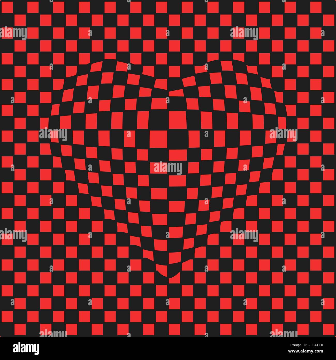 checkered background convex heart illusion, vector 3D convex heart on checkered surface Stock Vector