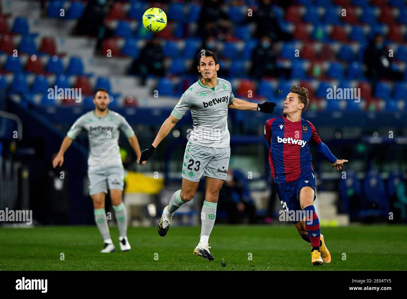 VALENCIA, SPAIN - DECEMBER 29: Aissa Mandi of Real Betis, Dani Gomez of Levante during the La Liga Santander match between Levante UD and Real Betis a Stock Photo