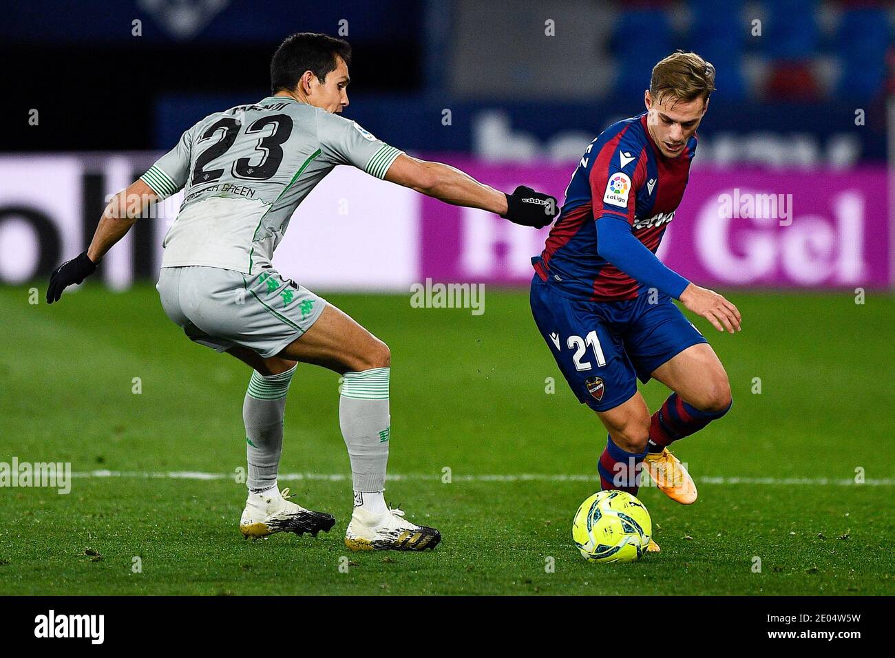 VALENCIA, SPAIN - DECEMBER 29: Aissa Mandi of Real Betis, Dani Gomez of Levante during the La Liga Santander match between Levante UD and Real Betis a Stock Photo