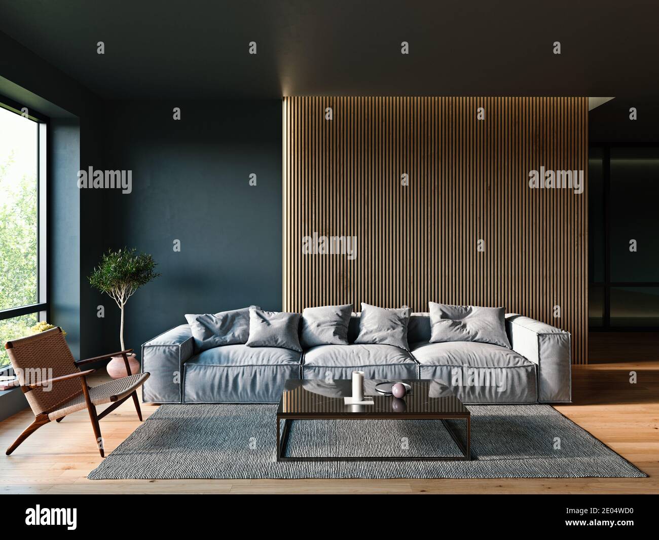 Modern Italian interior design living room with dark walls and vertical slats panel, 3D Render, 3D Illustration Stock Photo