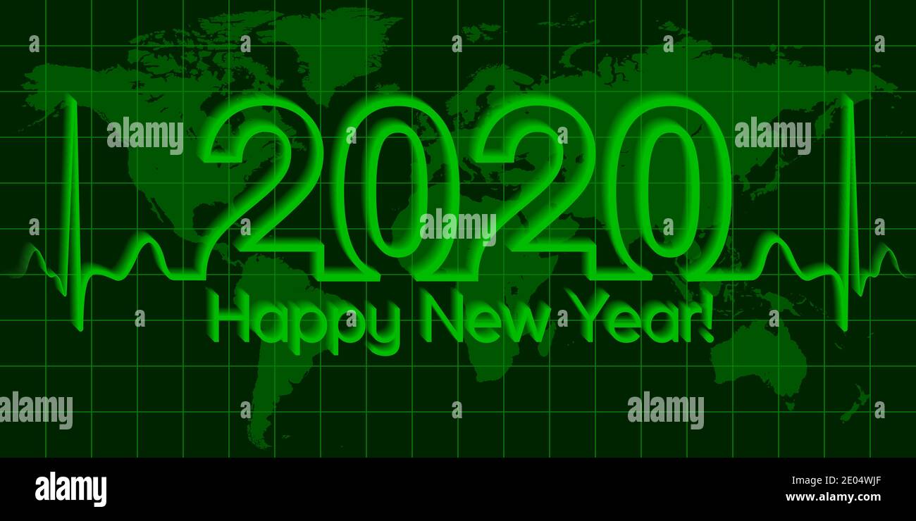 Christmas world map banner 2020 happy new year, vector 2020 the crisis, the wave matrix of cardiology, the concept of success and prosperity Stock Vector