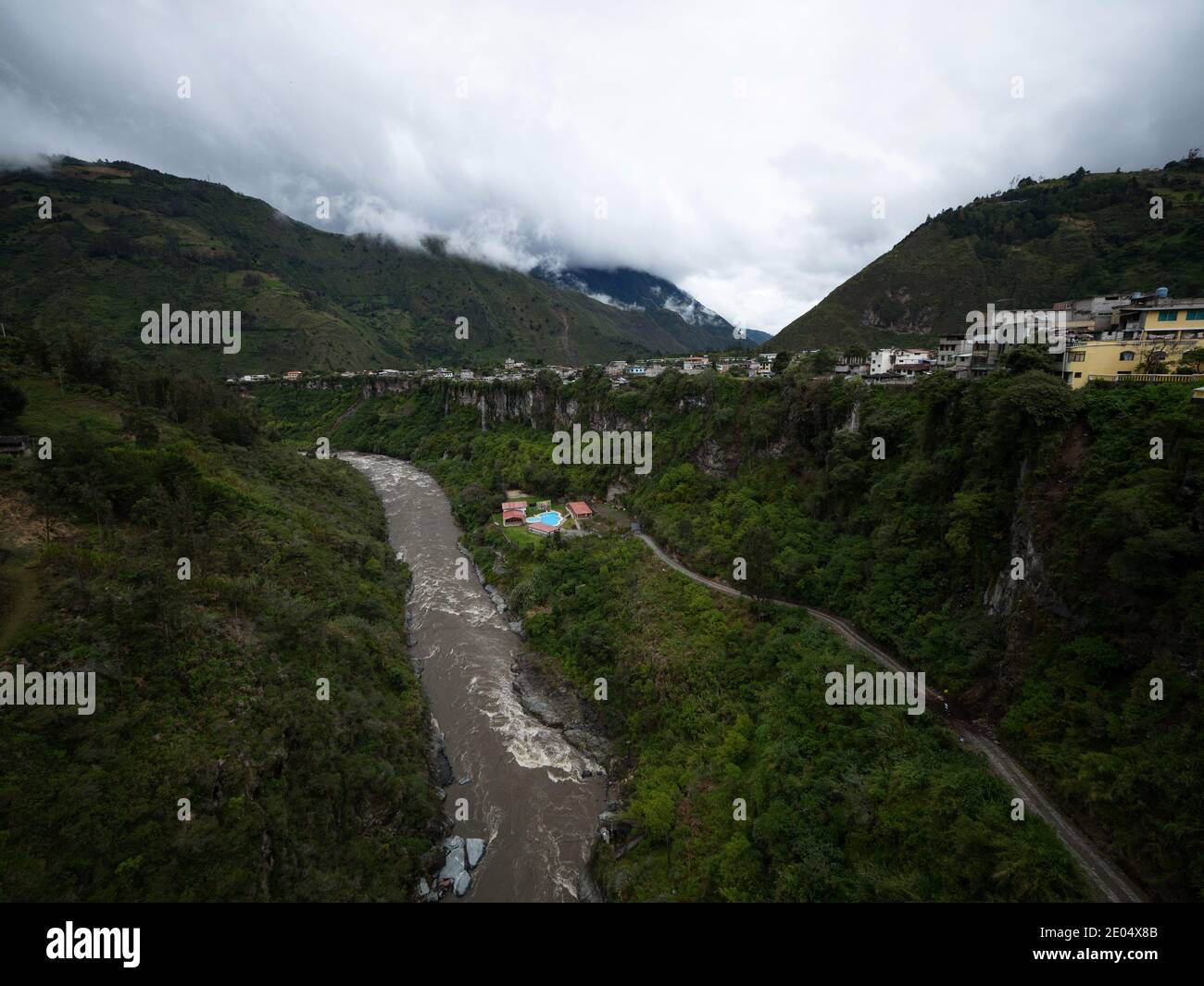 Panoramic view of thermal baths spa tourist town Banos de Agua Sante