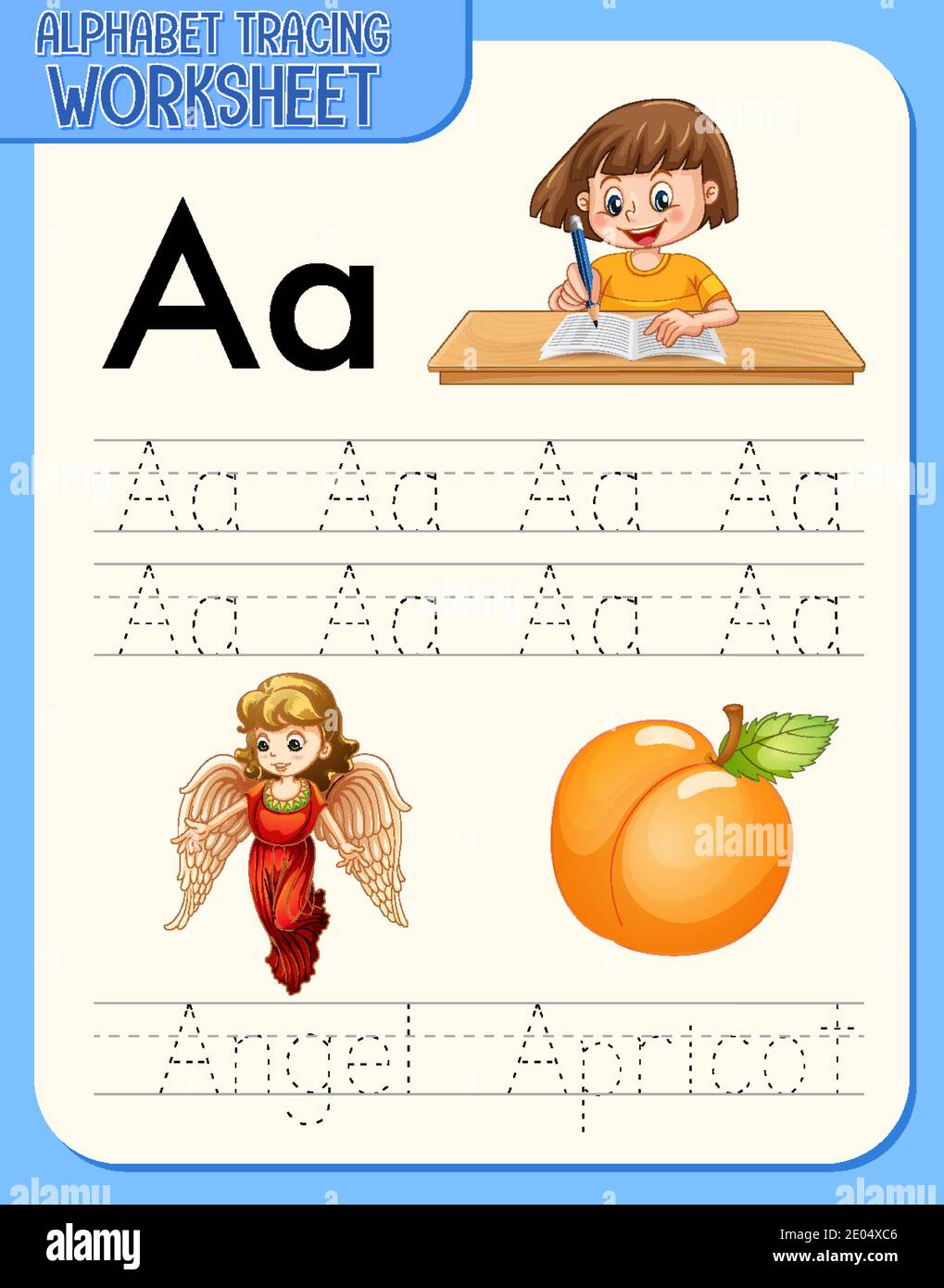 alphabet tracing worksheet with letter and vocabulary illustration stock vector image art alamy