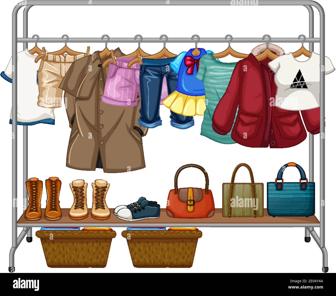 Clothes hanging on clothes rack with accessories on white background illustration Stock Vector