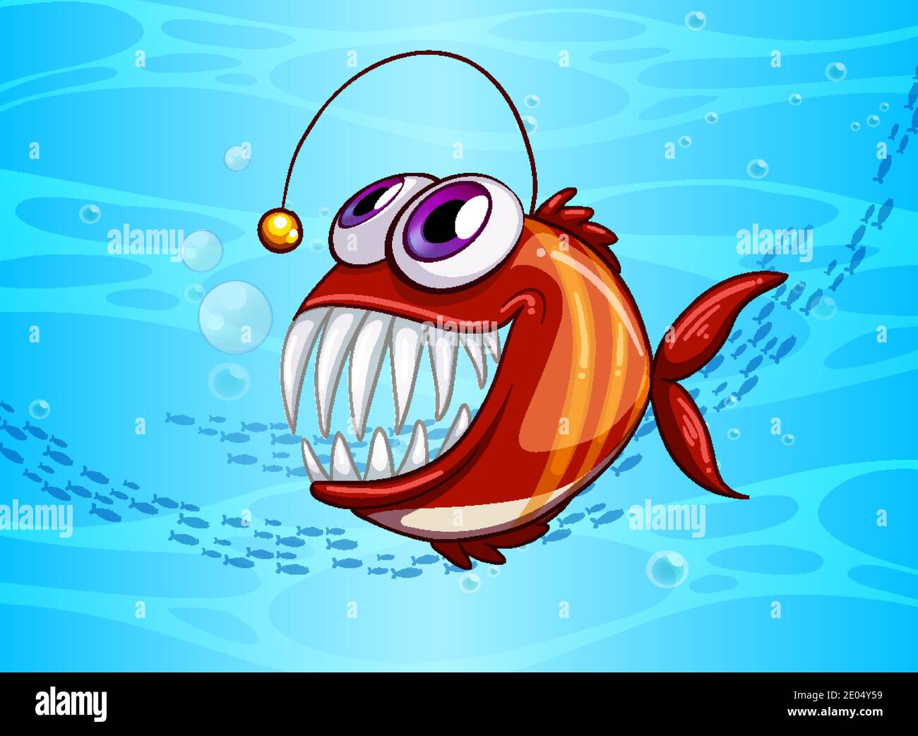 Angler fish cartoon character in the underwater scene illustration