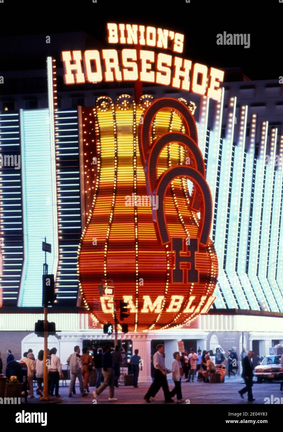 Binion's Horseshoe Casino at night on Fremont street in Downtown Las Vegas, Nevada circa 1970s Stock Photo