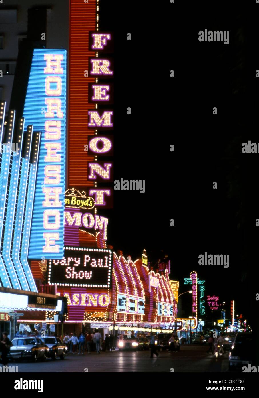 Fremont Street in La Vegas, NV at night circa 1970s. Stock Photo