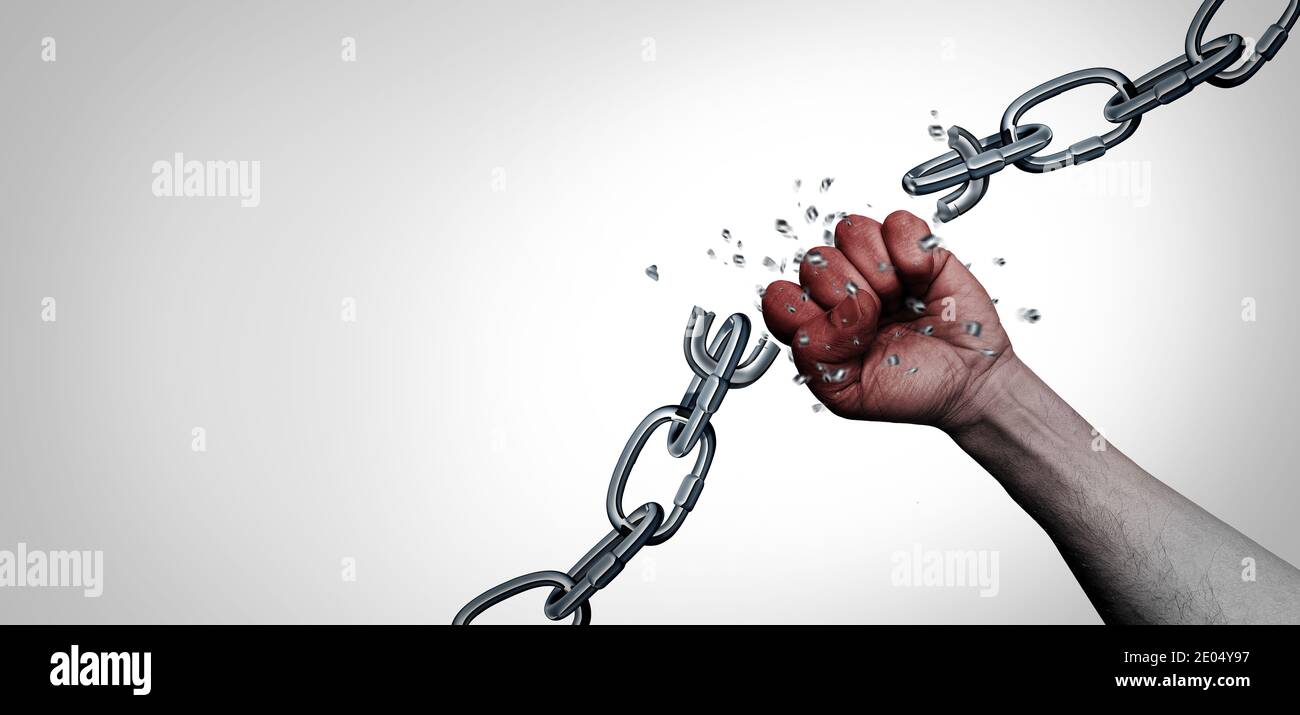 Liberty concept and freedom metaphor as a symbol of liberation and as an idea of chains breaking as a human fist breaking free with 3D illustration. Stock Photo