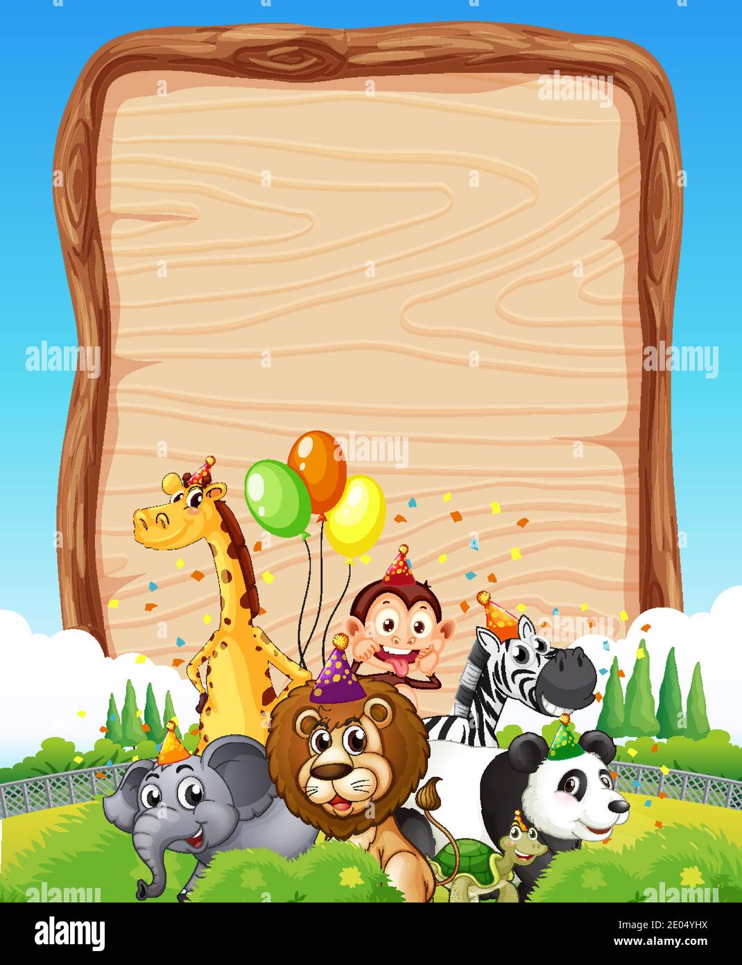 Blank wooden board template with wild animals in party theme on forest