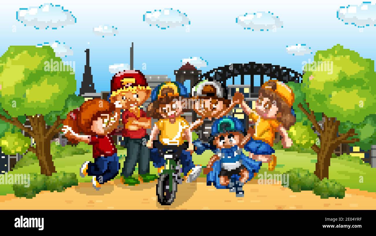 Scene with many children in the park illustration Stock Vector Image ...