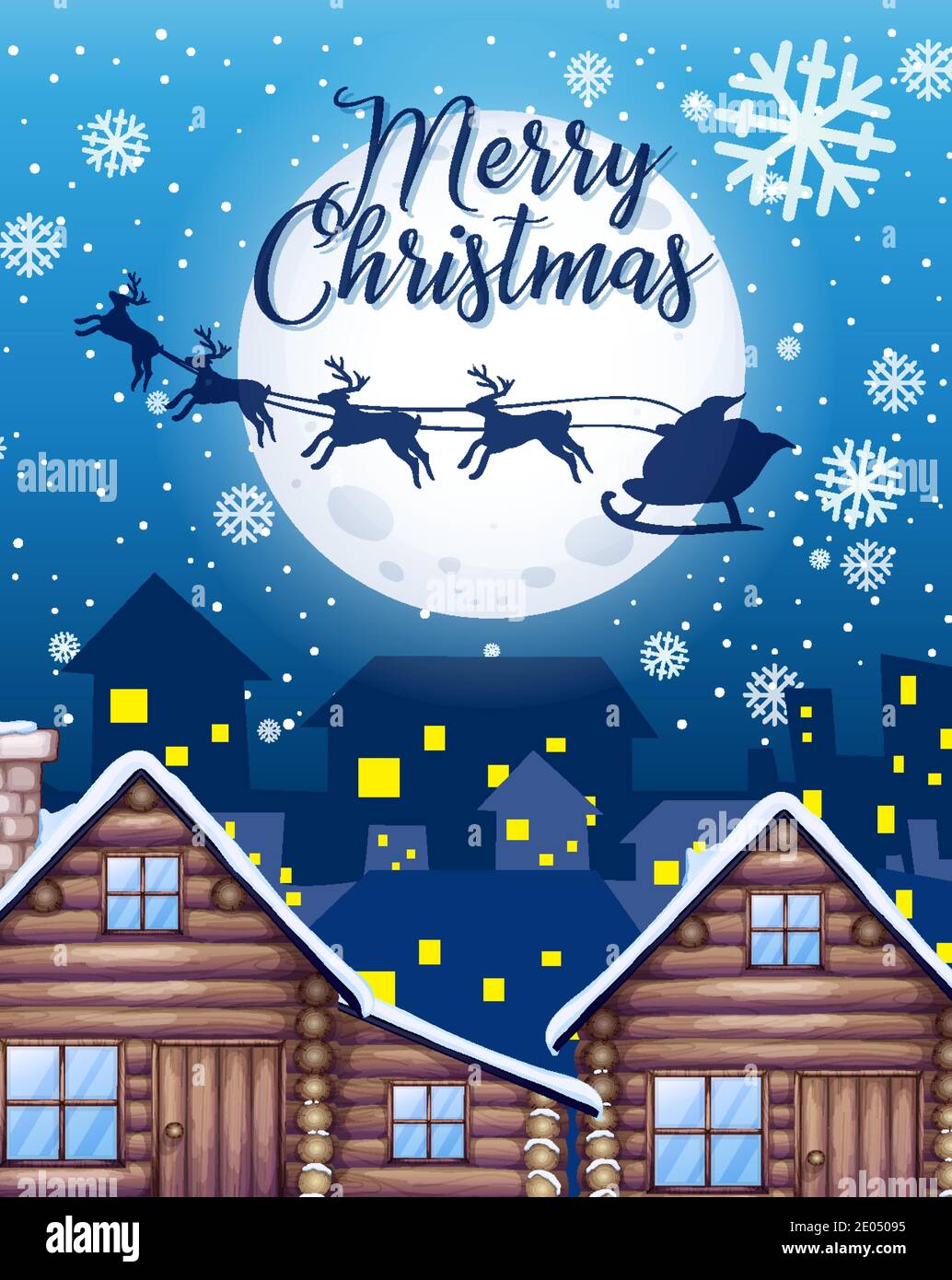 Merry Christmas font with Santa Claus and reindeer silhouette in the ...