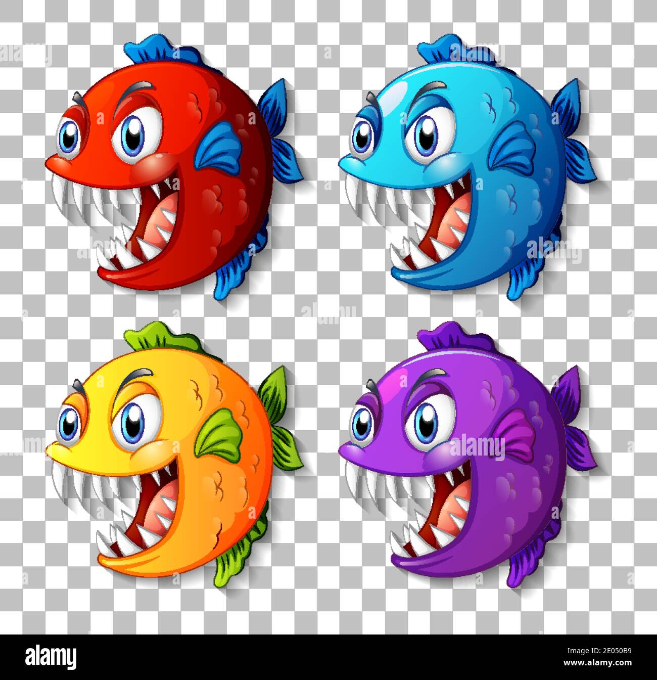 Set of different color exotic fish with big eyes cartoon character on ...