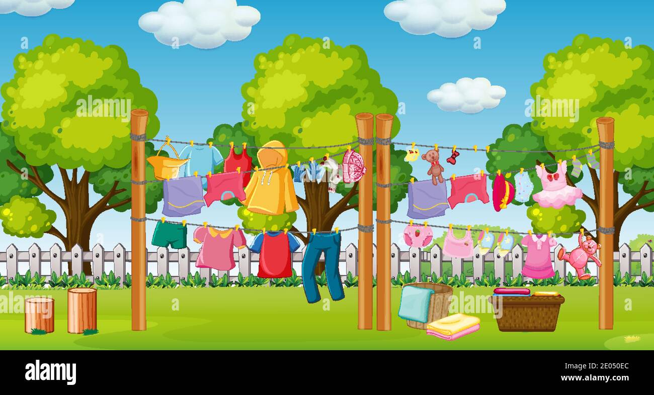 Many clothes hanging on a line outside the house scene illustration Stock Vector