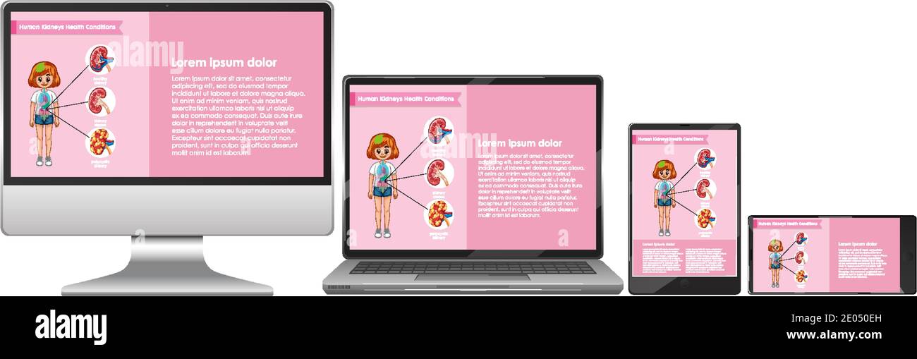 Computer with science infographic on screen desktop illustration Stock