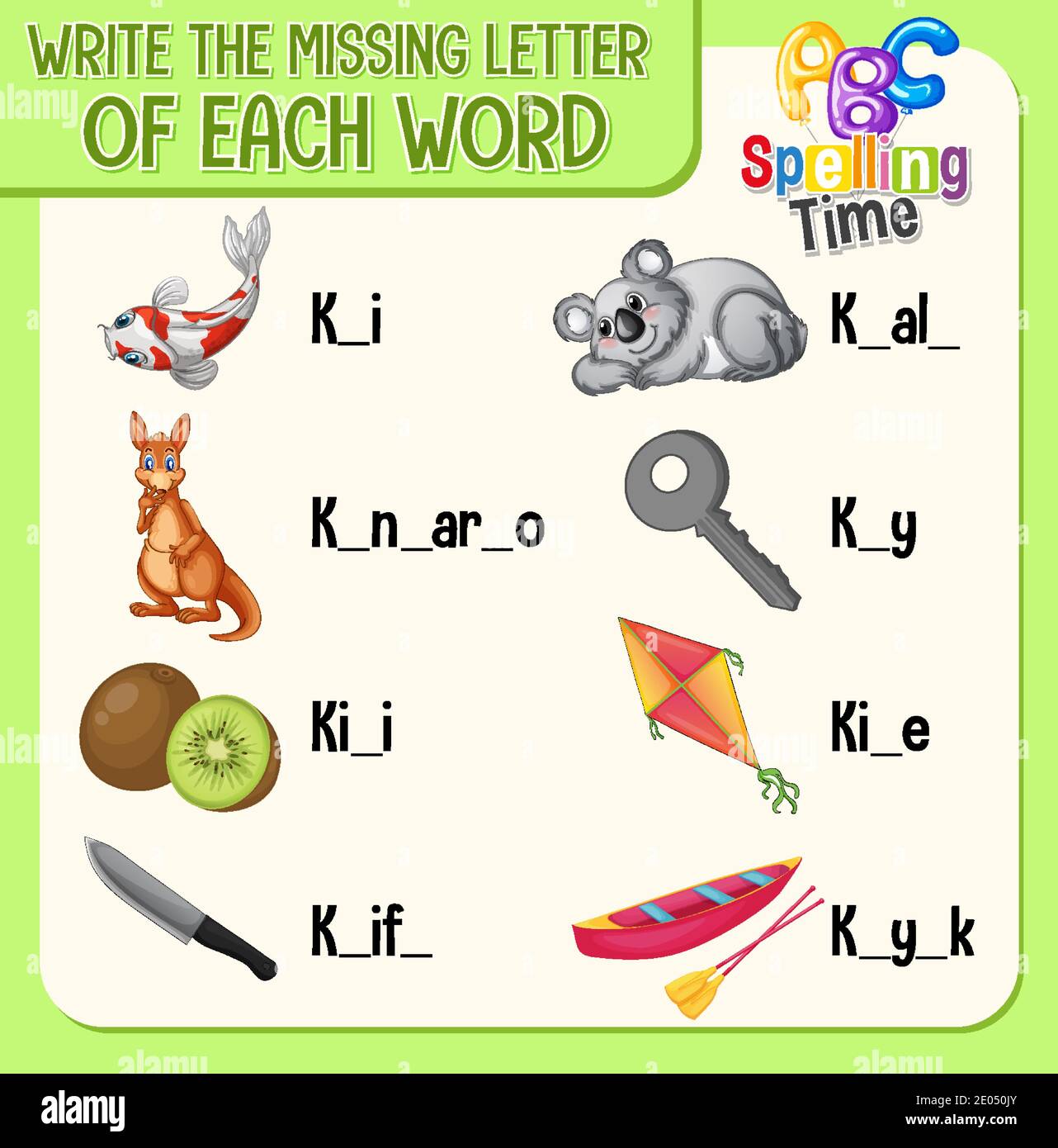 write the missing letter of each word worksheet for children illustration stock vector image art alamy