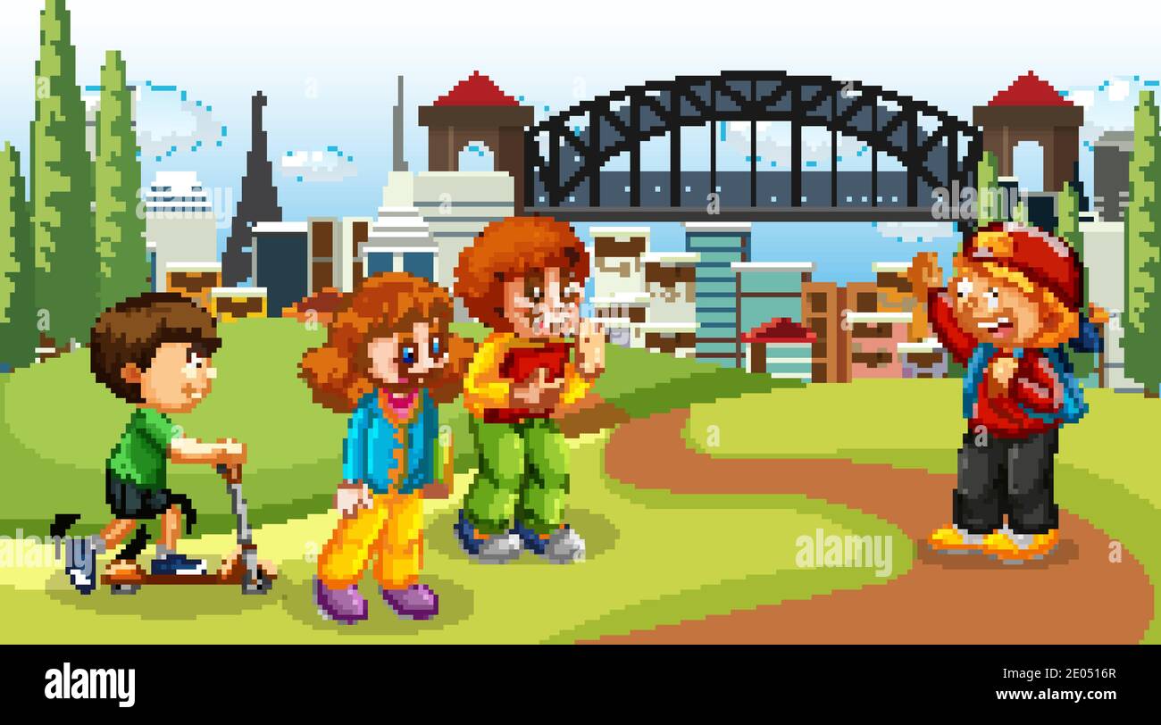 Scene with many children in the park illustration Stock Vector Image ...