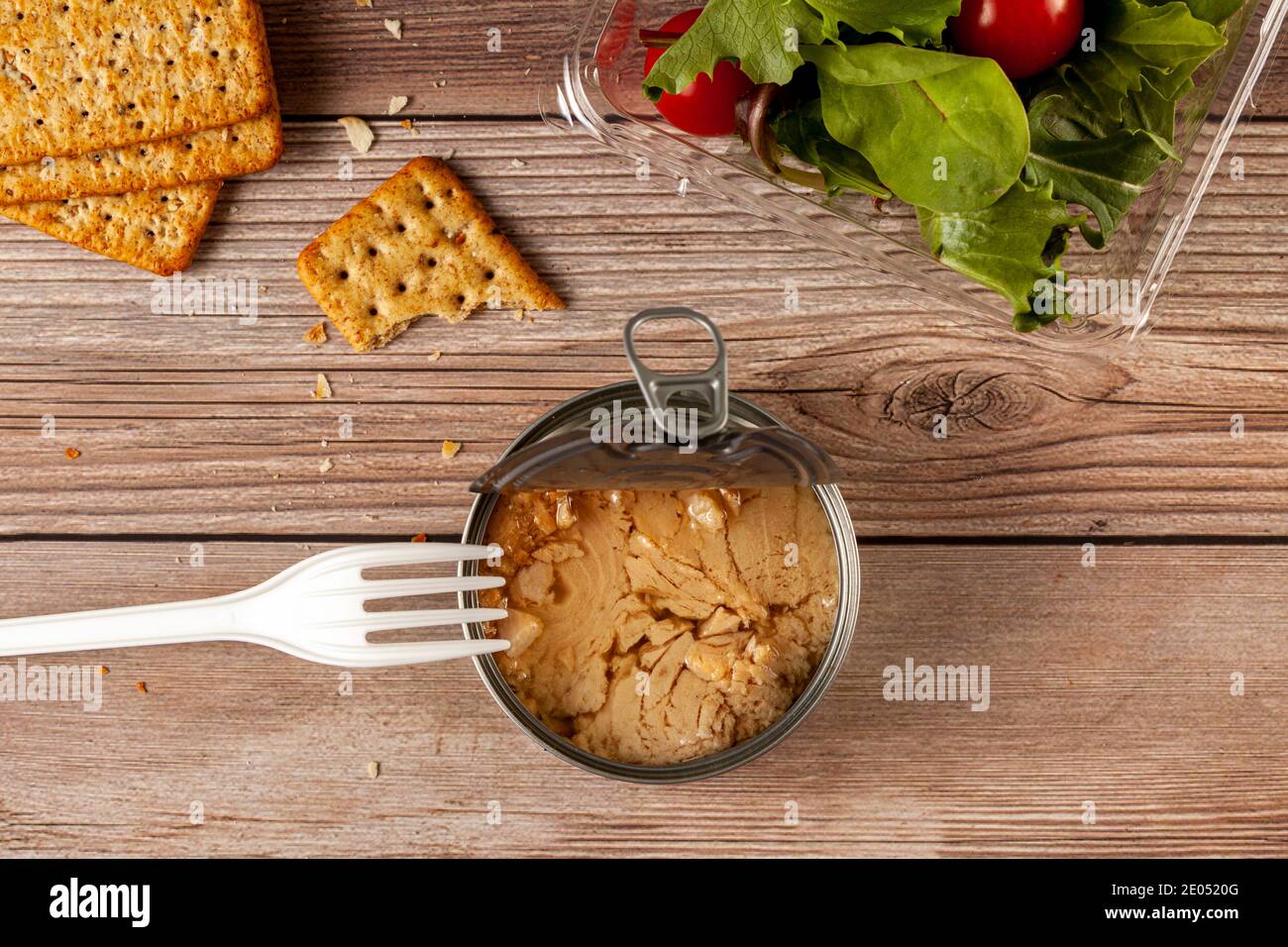 Flat lay image of quick and snack photo featuring a easy open can of