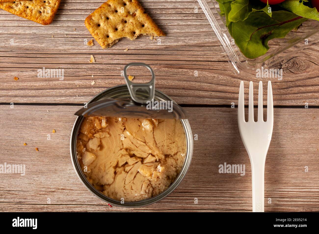 Flat lay image of quick and snack photo featuring a easy open can of