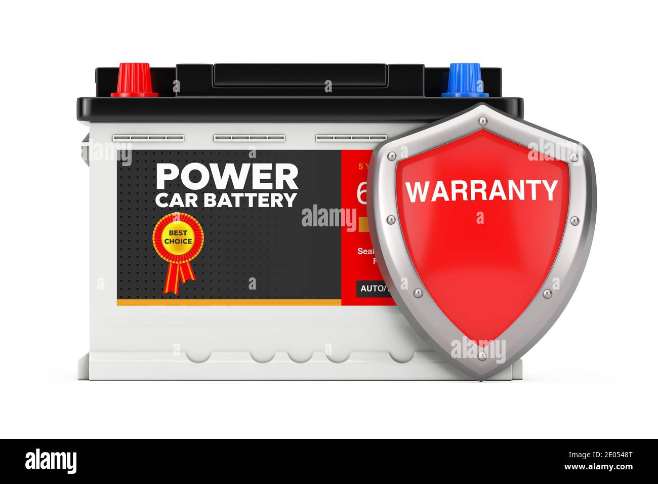 Rechargeable Car Battery 12V Accumulator and Abstract Label with Red Metal  Protection Warranty Shield on a white background. 3d Rendering Stock Photo  - Alamy