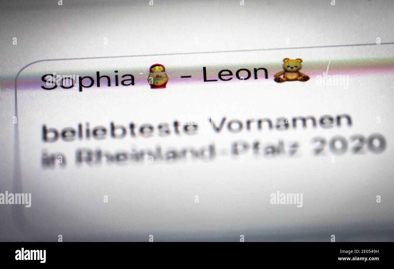 ILLUSTRATION - 29 December 2020, Hessen, Frankfurt/Main: The names Sophia and Leon can be seen on the display of a mobile phone. They are the most popular first names for girls and boys in Rhineland-Palatinate in 2020. This was determined by the North German first name expert Knud Bielefeld, who publishes statistics on this every year. Photo: Frank Rumpenhorst/dpa Stock Photo