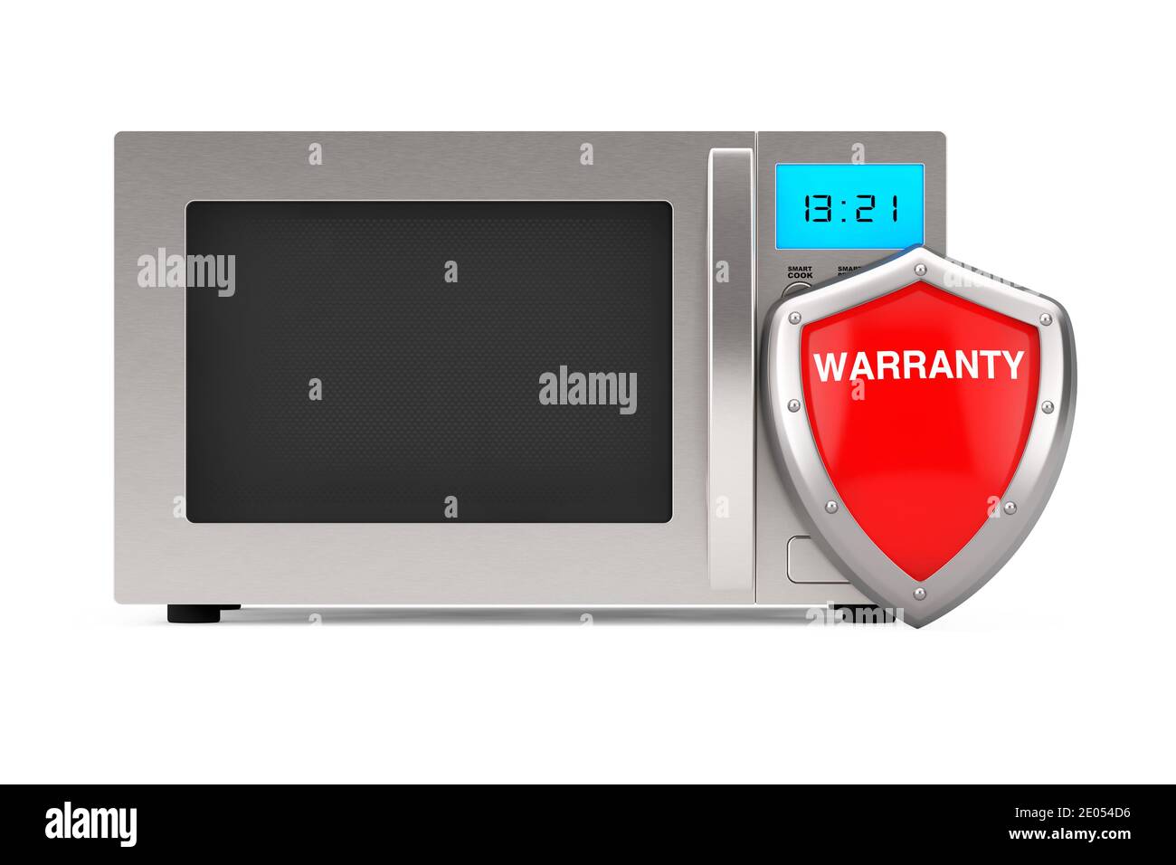 Modern Silver Microwave Oven with Red Metal Protection Warranty Shield on a white background. 3d Rendering Stock Photo