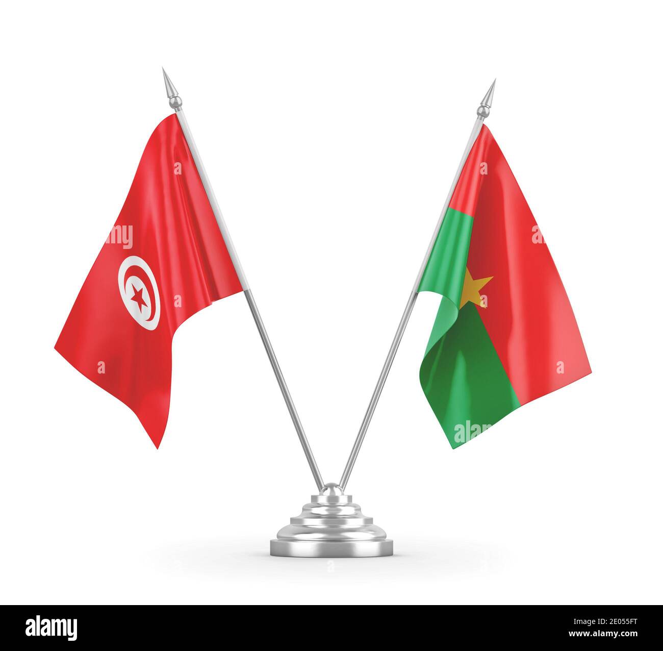 Burkina Faso and Tunisia table flags isolated on white 3D rendering ...