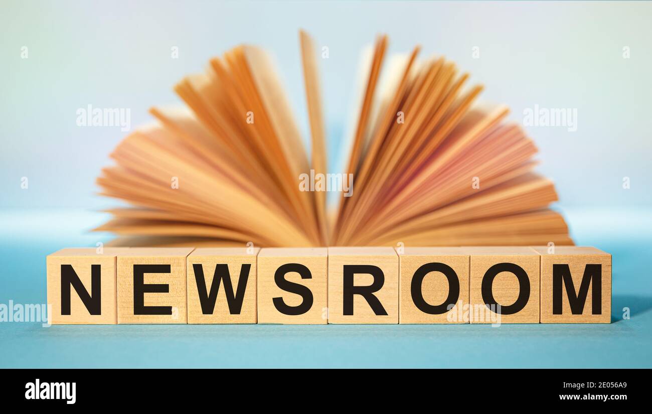 Wooden cubes with the abbreviation NEWSROOM on the background of an open book. Stock Photo