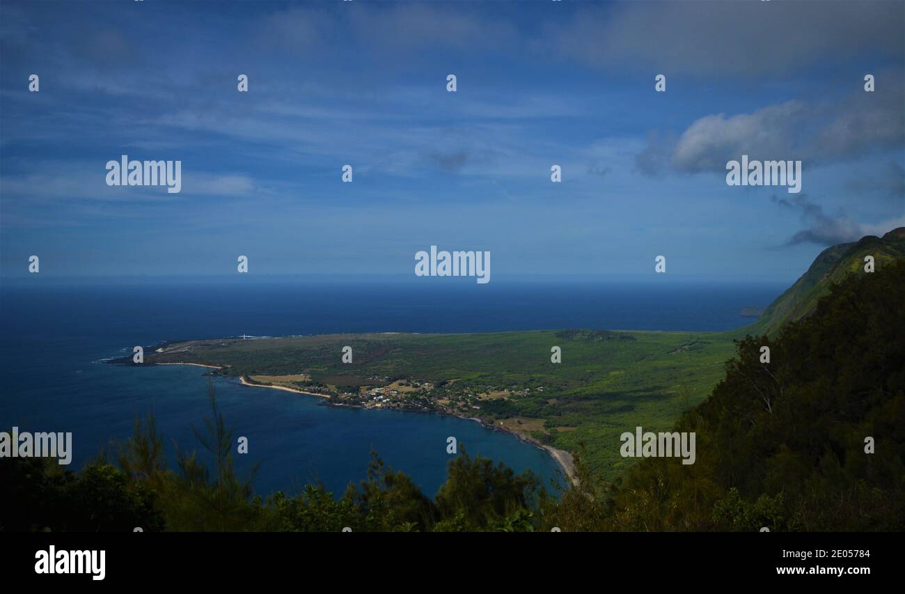 View down onto Kalaupapa peninsula. These are some of the highest sea cliffs in the world at almost 3000 ft above sea level. Stock Photo