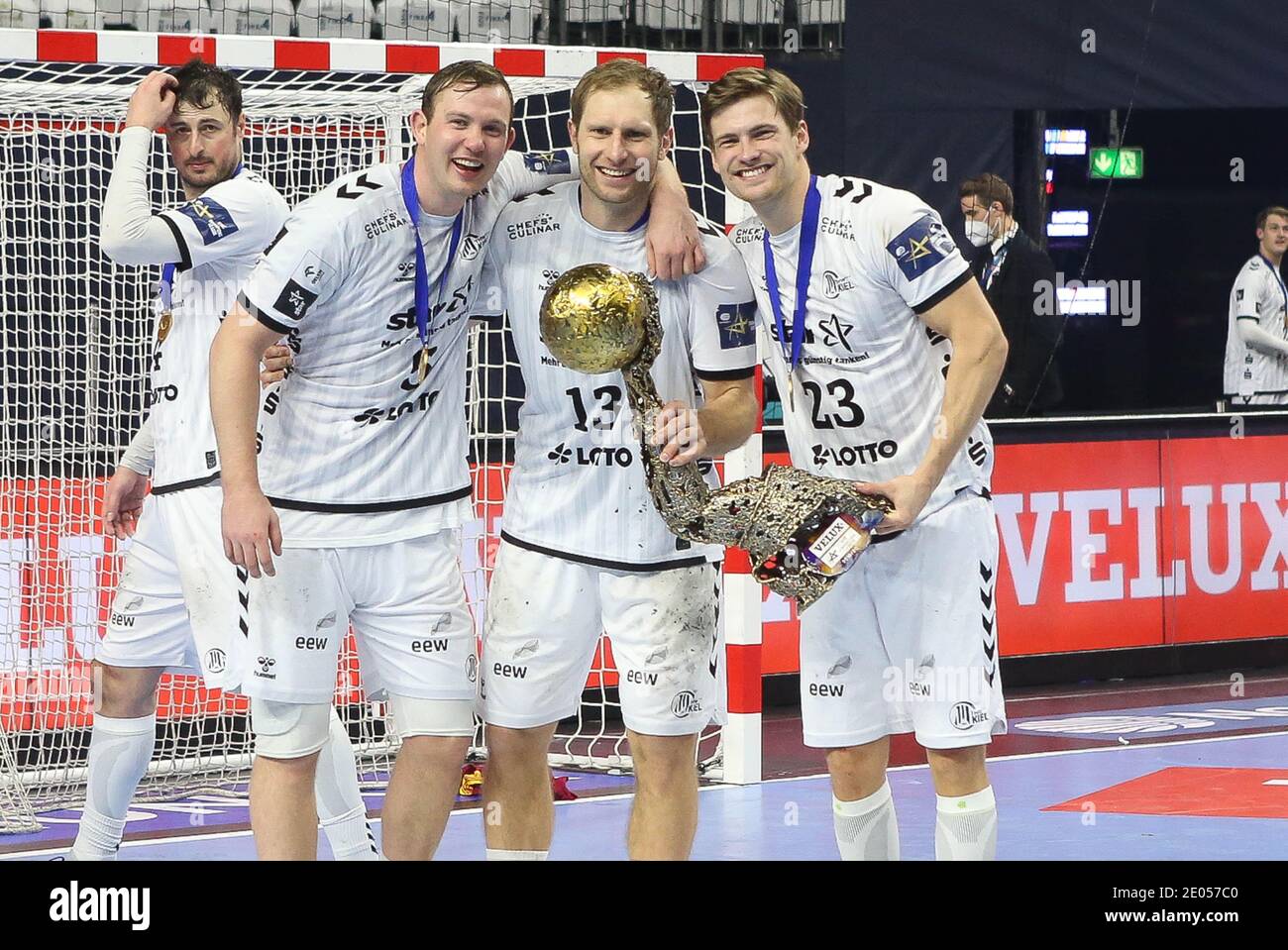 Sander Sagosen , Steffen Weinhold and Rune Dahmke of THW Kiel during the EHF Champions League, Final Four, Final handball match between THW Kiel and FC Barcelona on December 29, 2020 at Lanxess Arena in Cologne, Germany. Photo Laurent Lairys/ABACAPRESS.COM Stock Photo