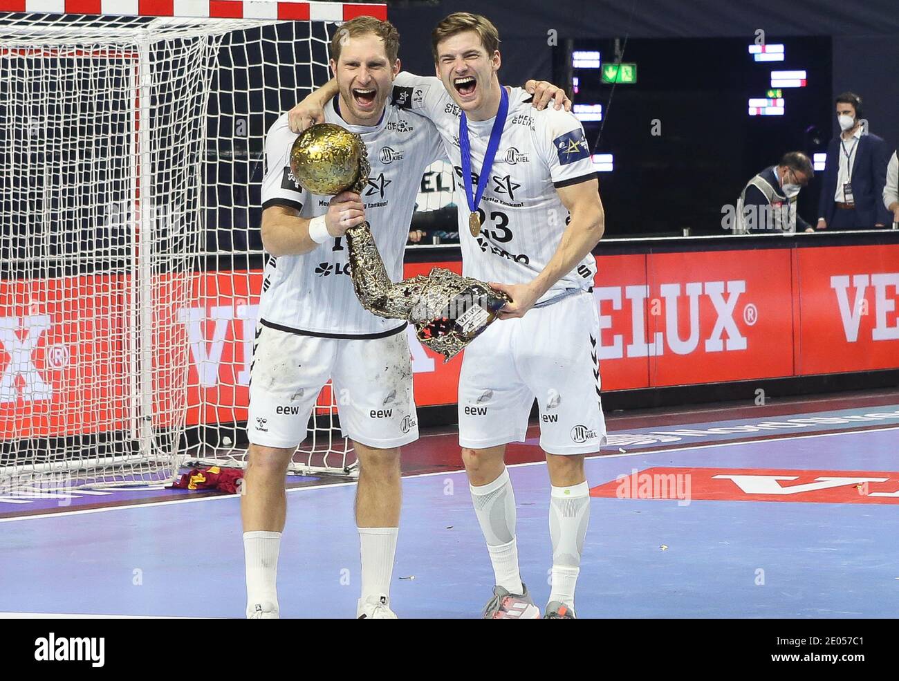 Steffen Weinhold and Rune Dahmke of THW Kiel during the EHF Champions League, Final Four, Final handball match between THW Kiel and FC Barcelona on December 29, 2020 at Lanxess Arena in Cologne, Germany. Photo Laurent Lairys/ABACAPRESS.COM Stock Photo