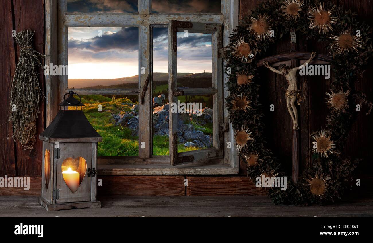 rustic farmhouse parlor with a view from the window Stock Photo - Alamy