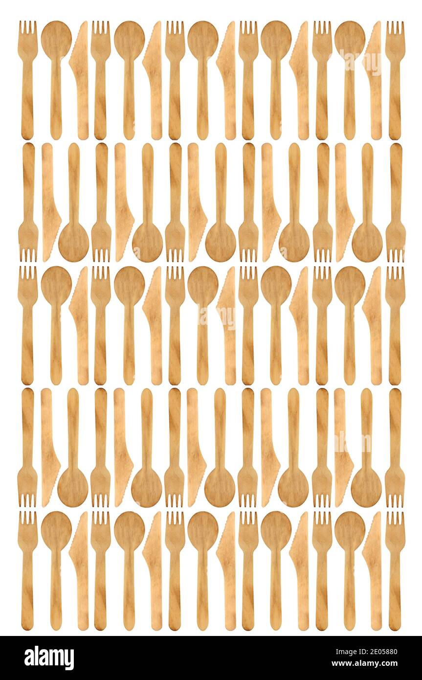 Environmentally friendly single use wooden cutlery background pattern including knife, fork and spoon Stock Photo