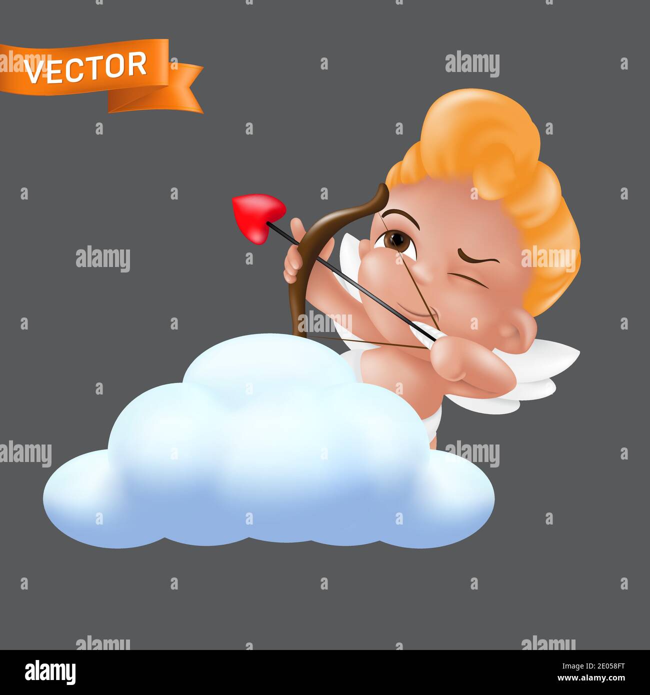 Shooting and aiming with a bow and arrow little cupid character. Vector illustration of a baby cherub mascot in a diaper sticking out of the cloud iso Stock Vector
