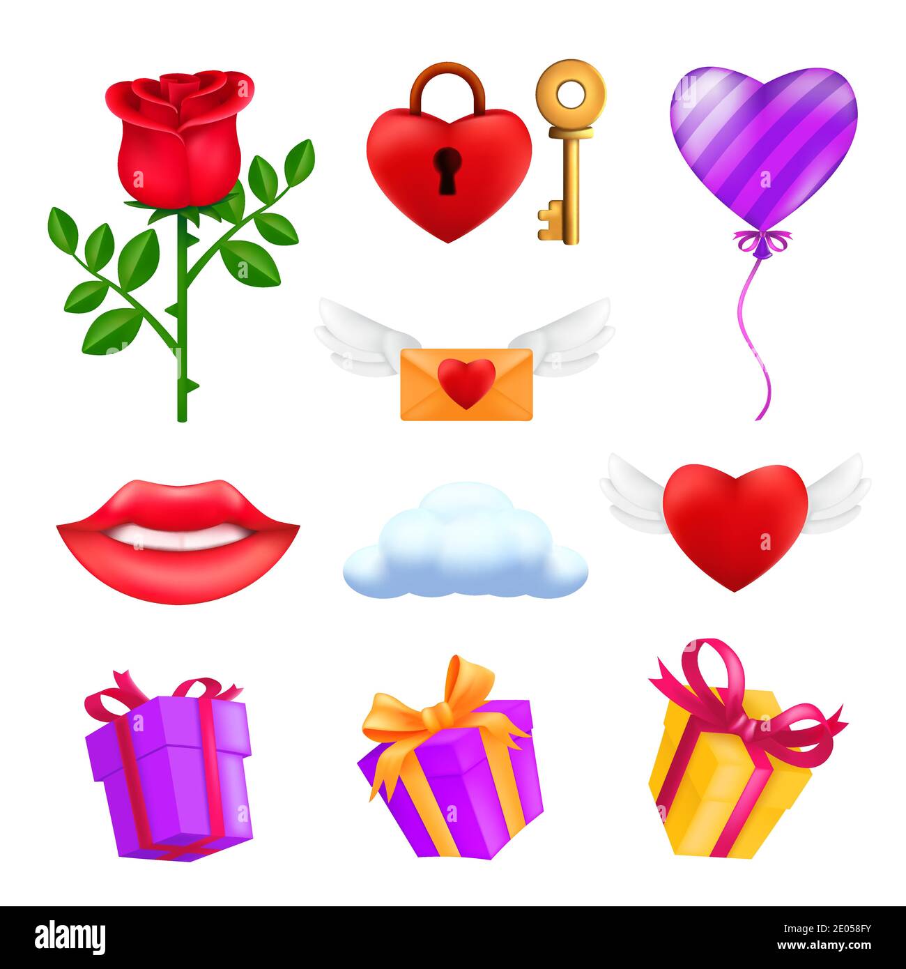 Saint Valentine's day icons set - red rose flower, flying heart, pink balloon, gift box, envelope, padlock with a key, smiling lips, cloud. Vector col Stock Vector