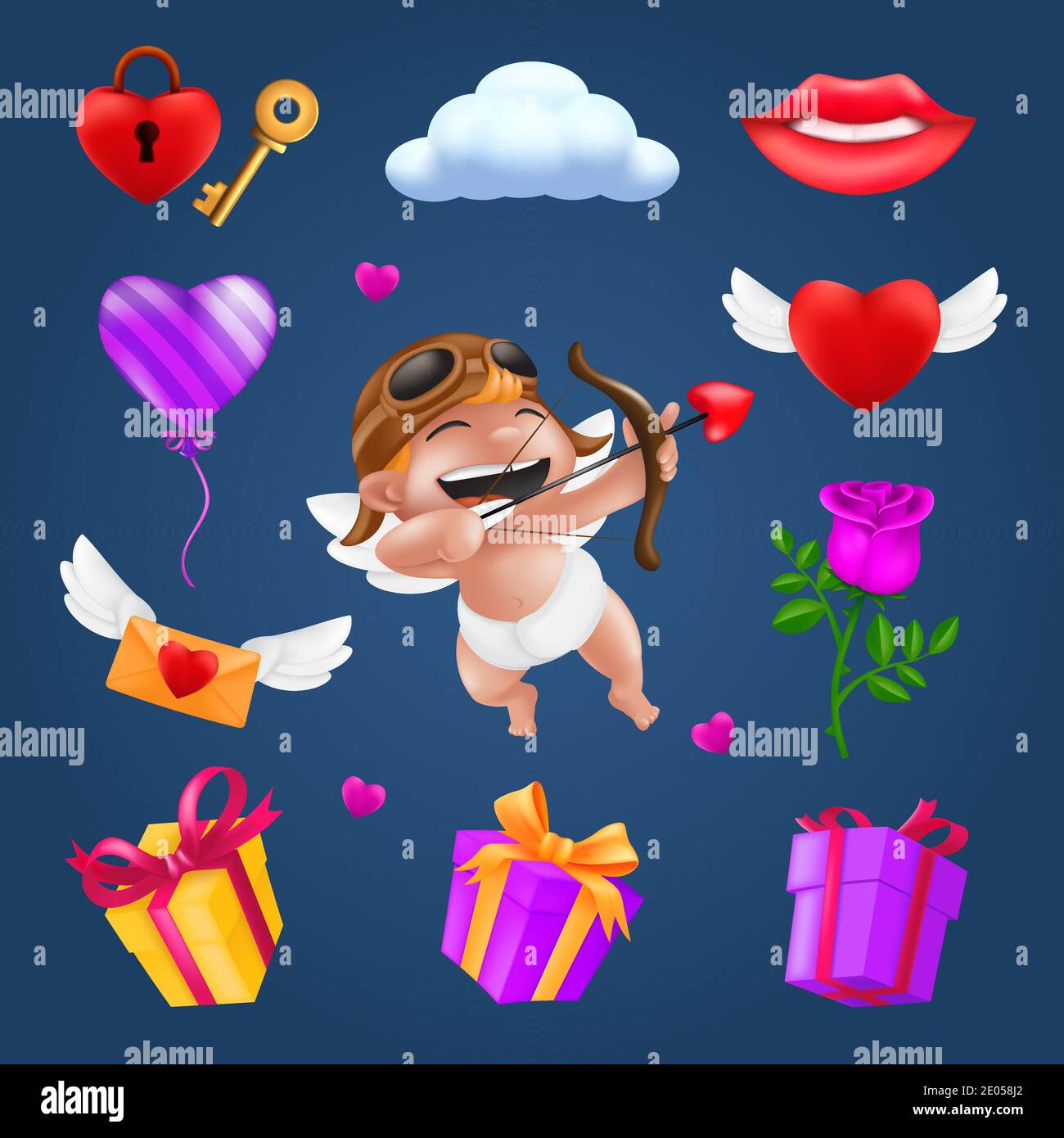 Saint Valentine's day icons set - little angel or cupid, flying heart with wings, red rose flower, pink balloon, gift box, letter, padlock, key, smili Stock Vector