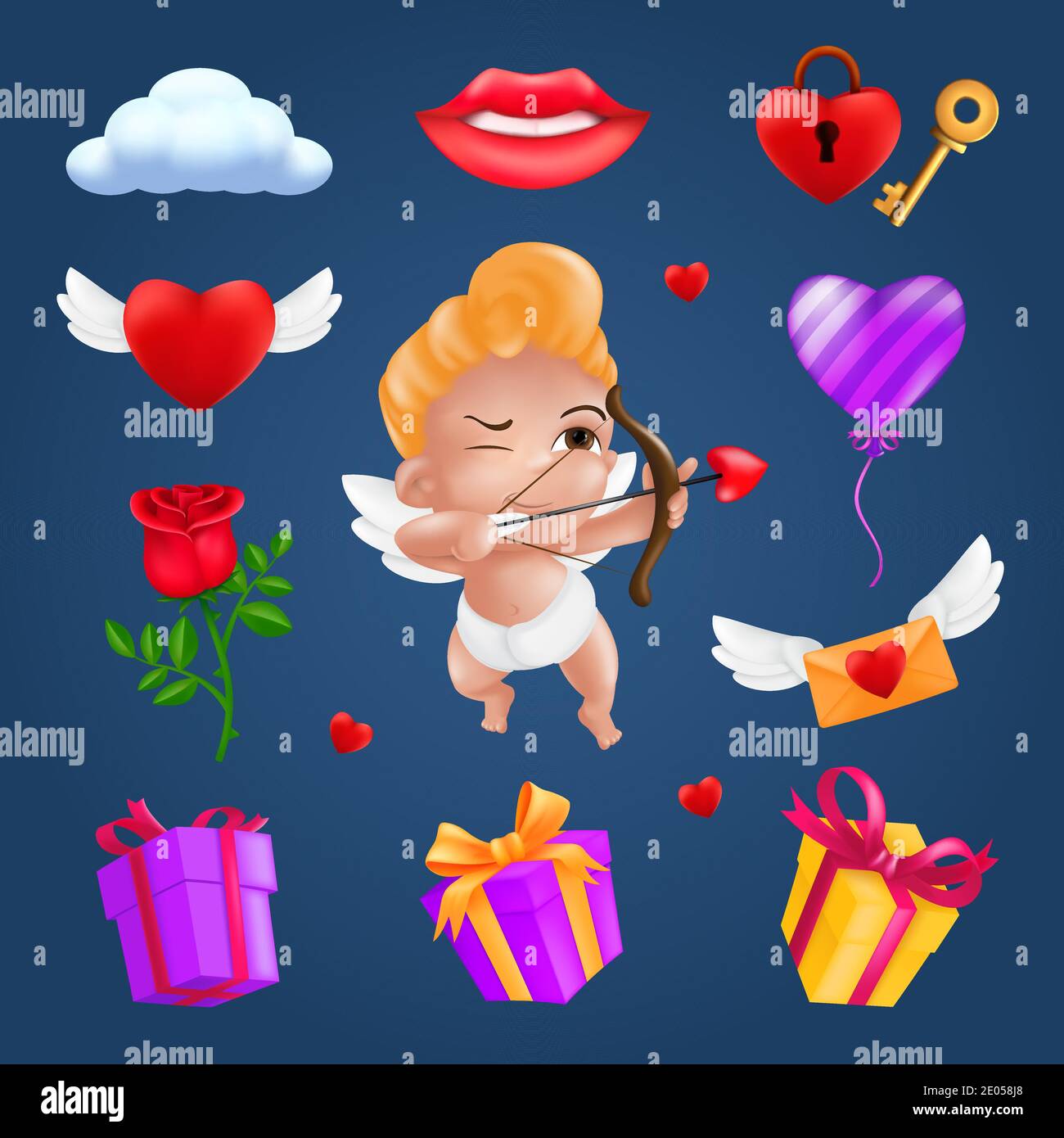 Saint Valentine's day icons set - little angel or cupid, flying heart with wings, red rose flower, pink balloon, gift box, letter, padlock, key, smili Stock Vector