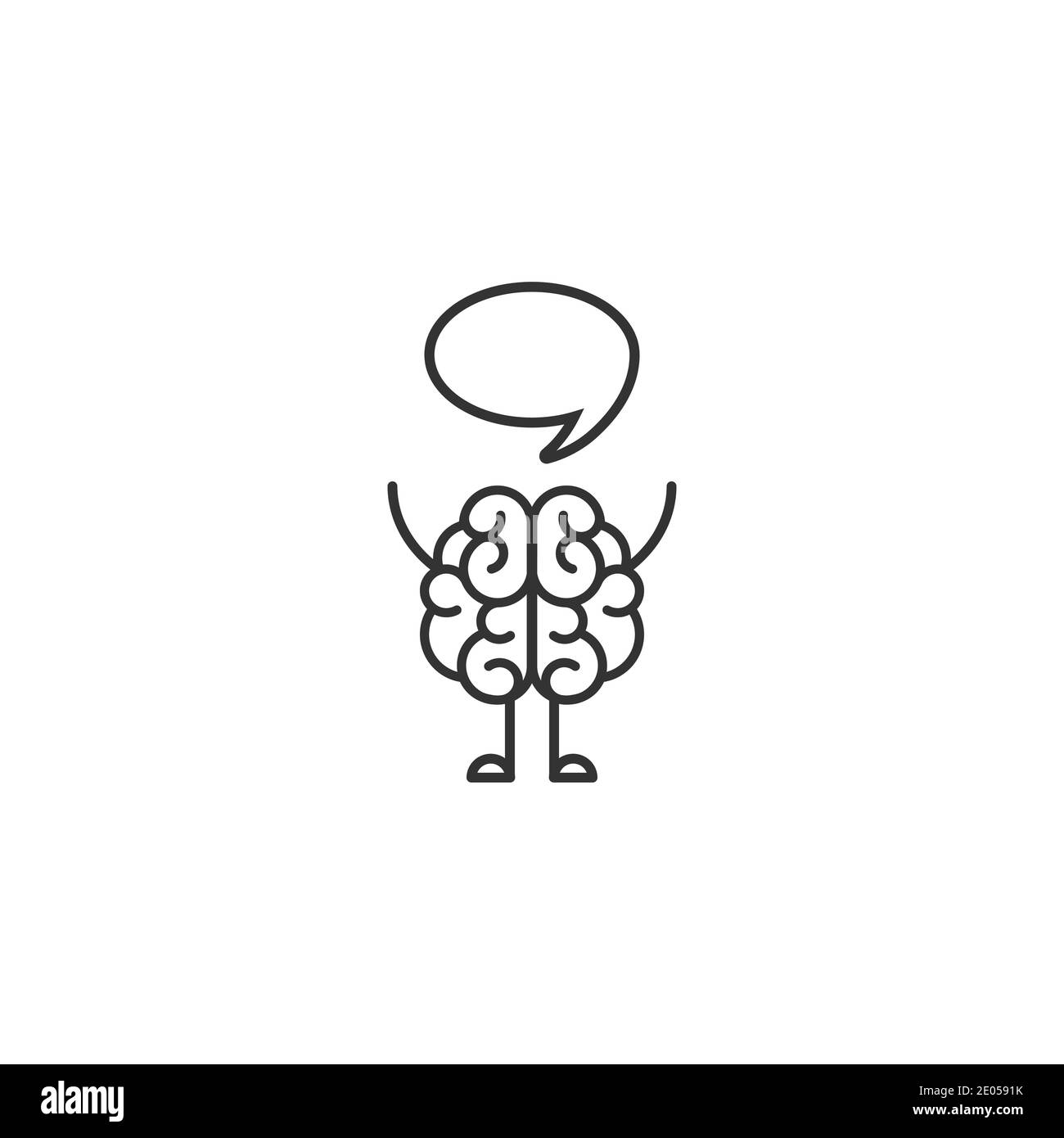 Black line brain character with hands, legs and speech bubble ...