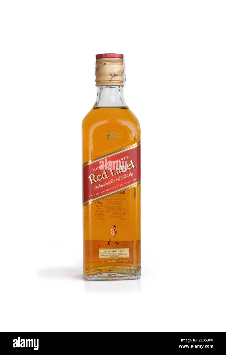 35CL Bottle of Johnnie Walker Red Label Whisky, a brand of Scotch whisky now owned by Diageo that originated in the Scottish burgh of Kilmarnock Stock Photo