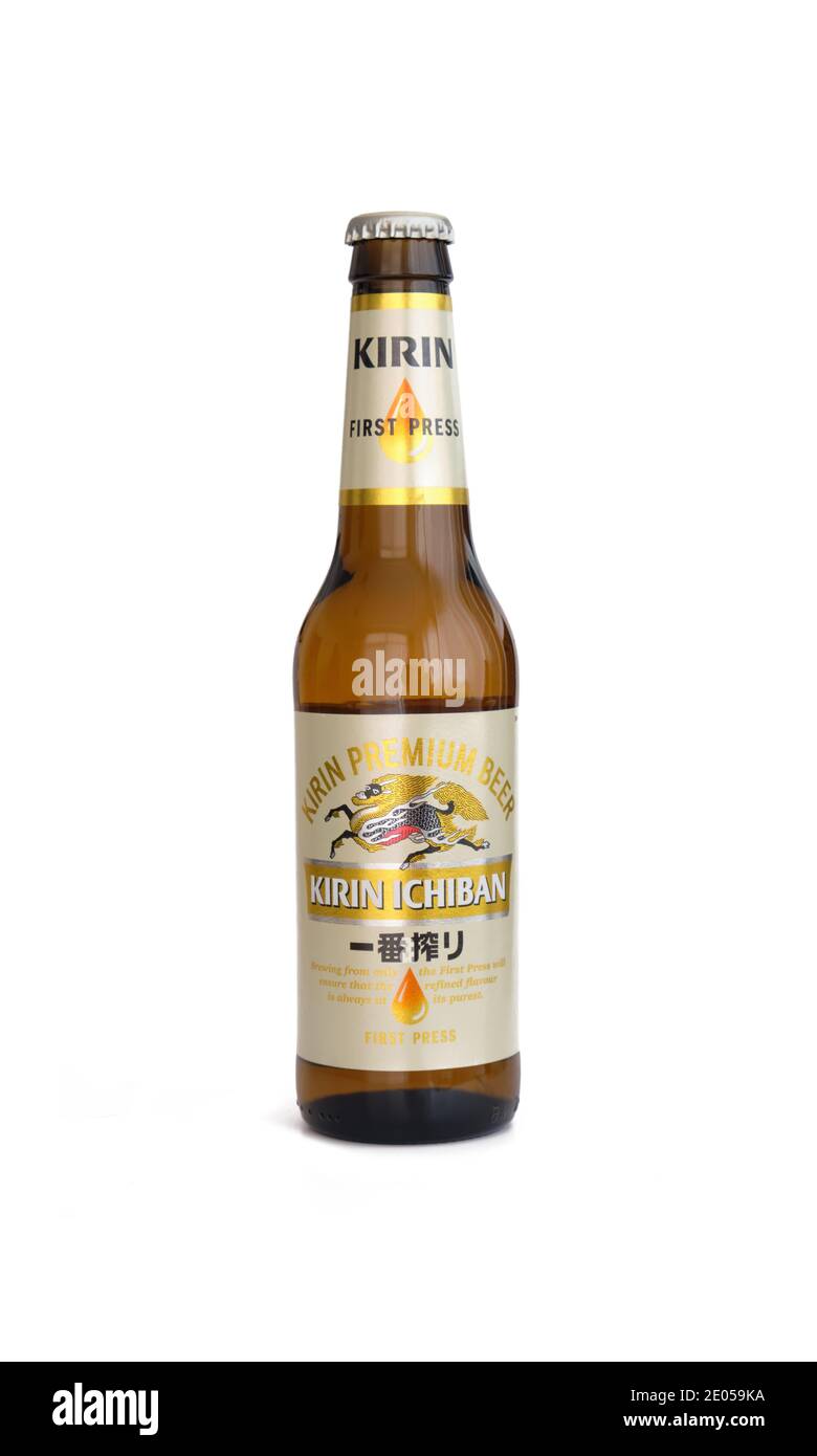 A Bottle Of Kirin Ichiban beer, produced by Kirin Brewery Company a member of the Mitsubishi Group. Stock Photo