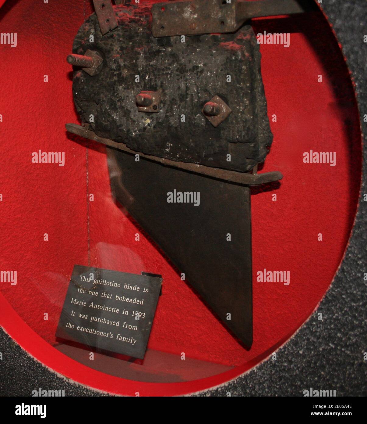 The actual guillotine blade used to behead Marie Antoinette in France in 1793 on display Chamber of Horrors at Madame Tussauds London England UK Stock Photo