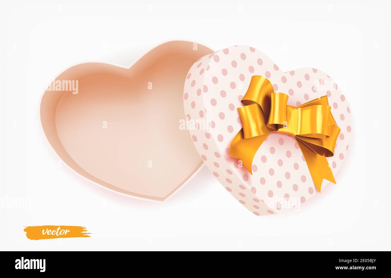 Pink heart shape gift box with gold bow and polka dot pattern on white background. Open gift box. 3d realistic vector. Romantic holiday presents Heart Stock Vector