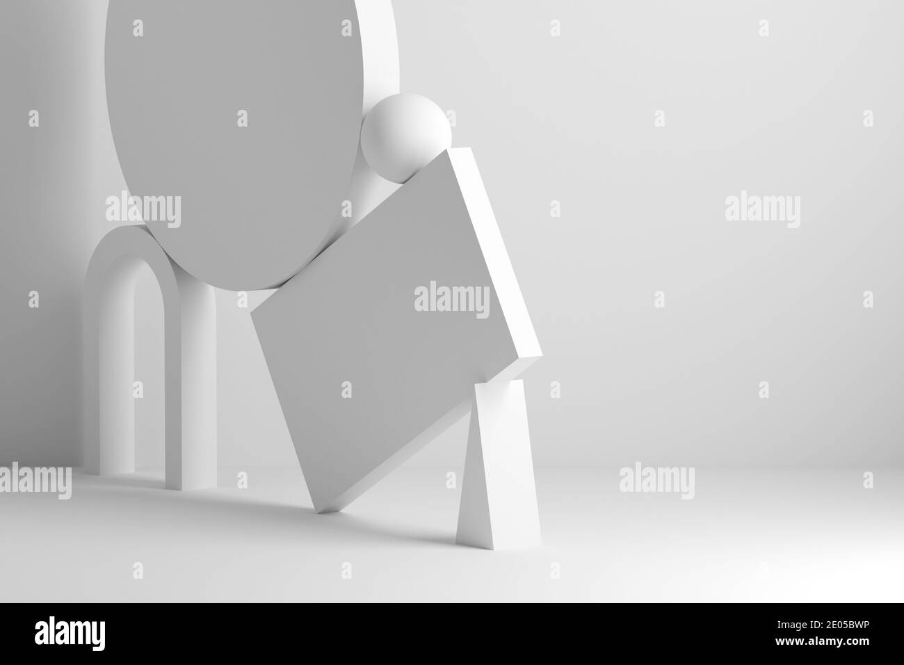 Abstract equilibrium still life installation with white arch and balancing primitives. 3d rendering illustration Stock Photo