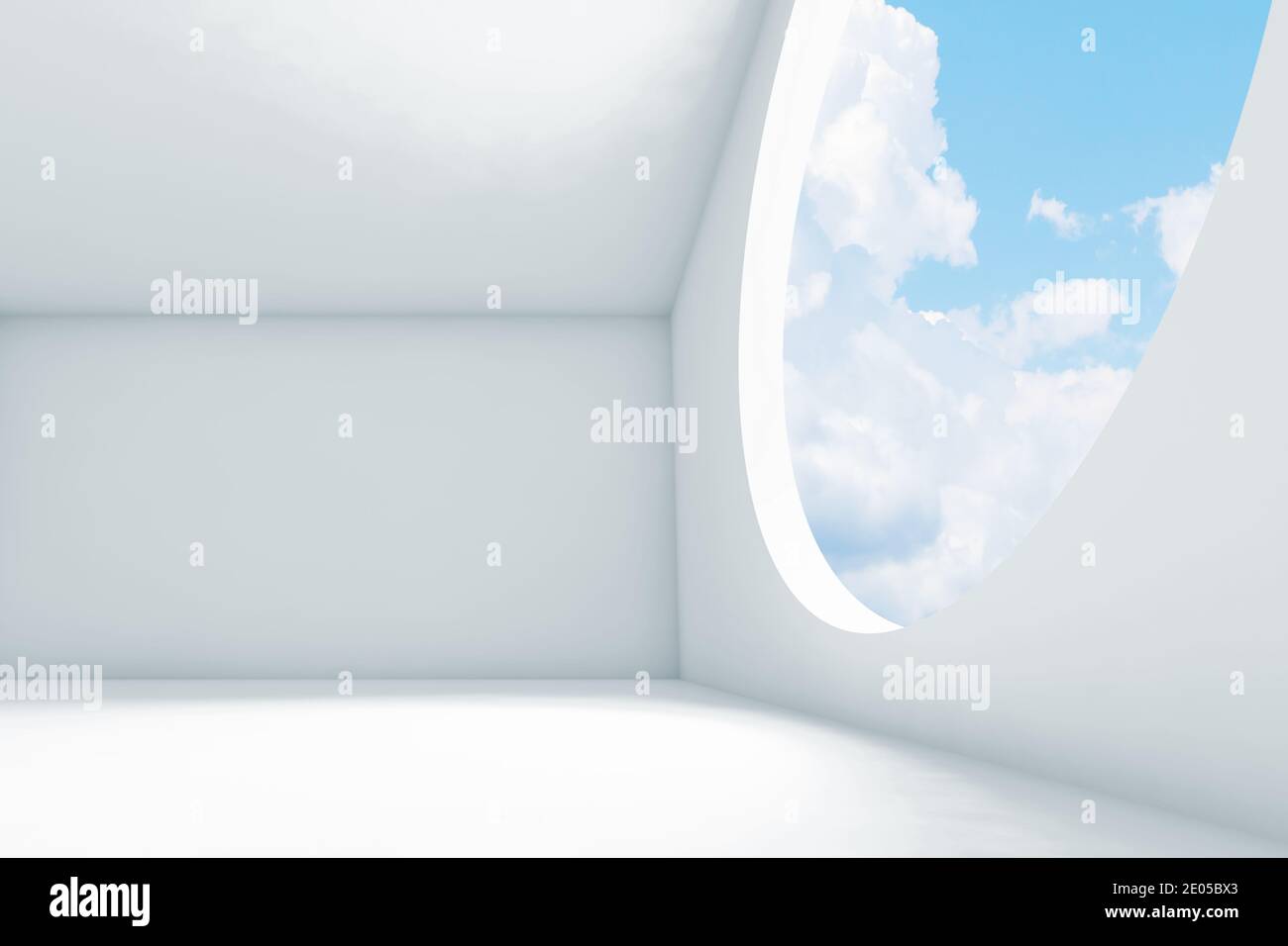 Abstract white interior background, empty room with cloudy sky behind ...