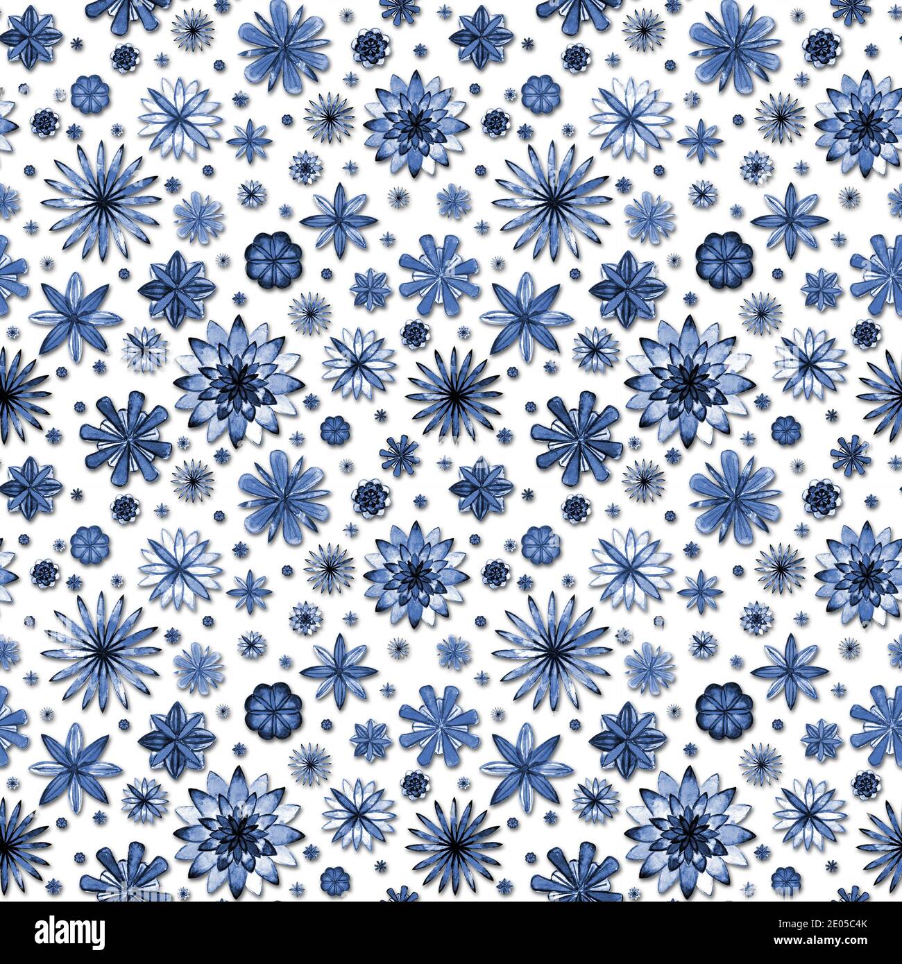 Watercolor seamless abstract flowers indigo blue floral pattern on white background. Bright
